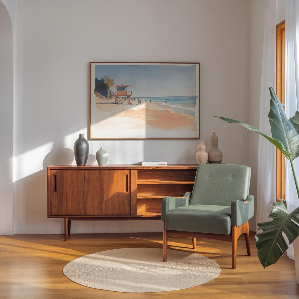 a cozy living room with a wooden sideboard, a green armchair, and a framed painting of a beach scene. The room is illuminated by natural light from a window, and there are decorative vases and a potted plant adding to the warm and inviting atmosphere.
