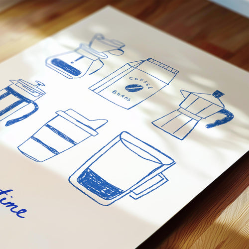 a collection of blue and white illustrations of coffee-related objects, including a coffee maker, a coffee bag, and a coffee cup.