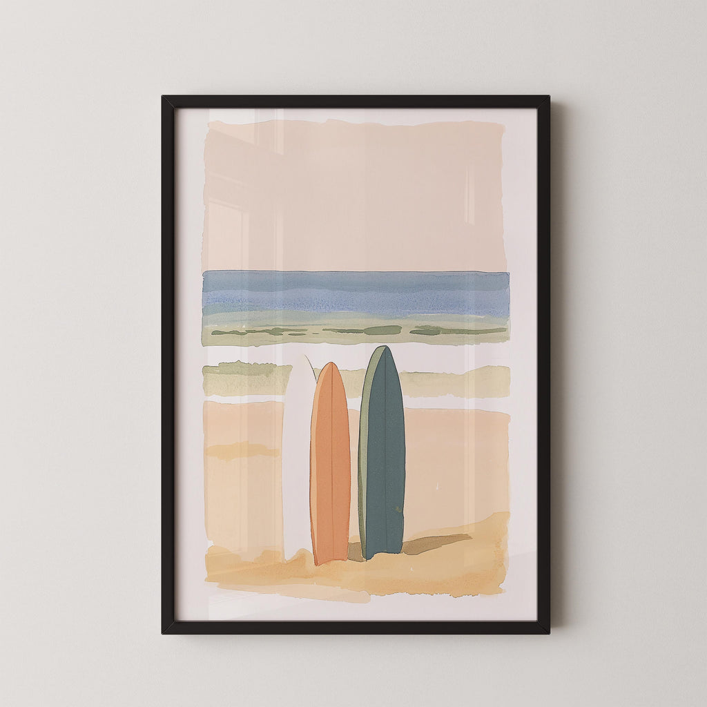 The image is a framed painting depicting two surfboards standing on a beach, with a serene ocean scene in the background.