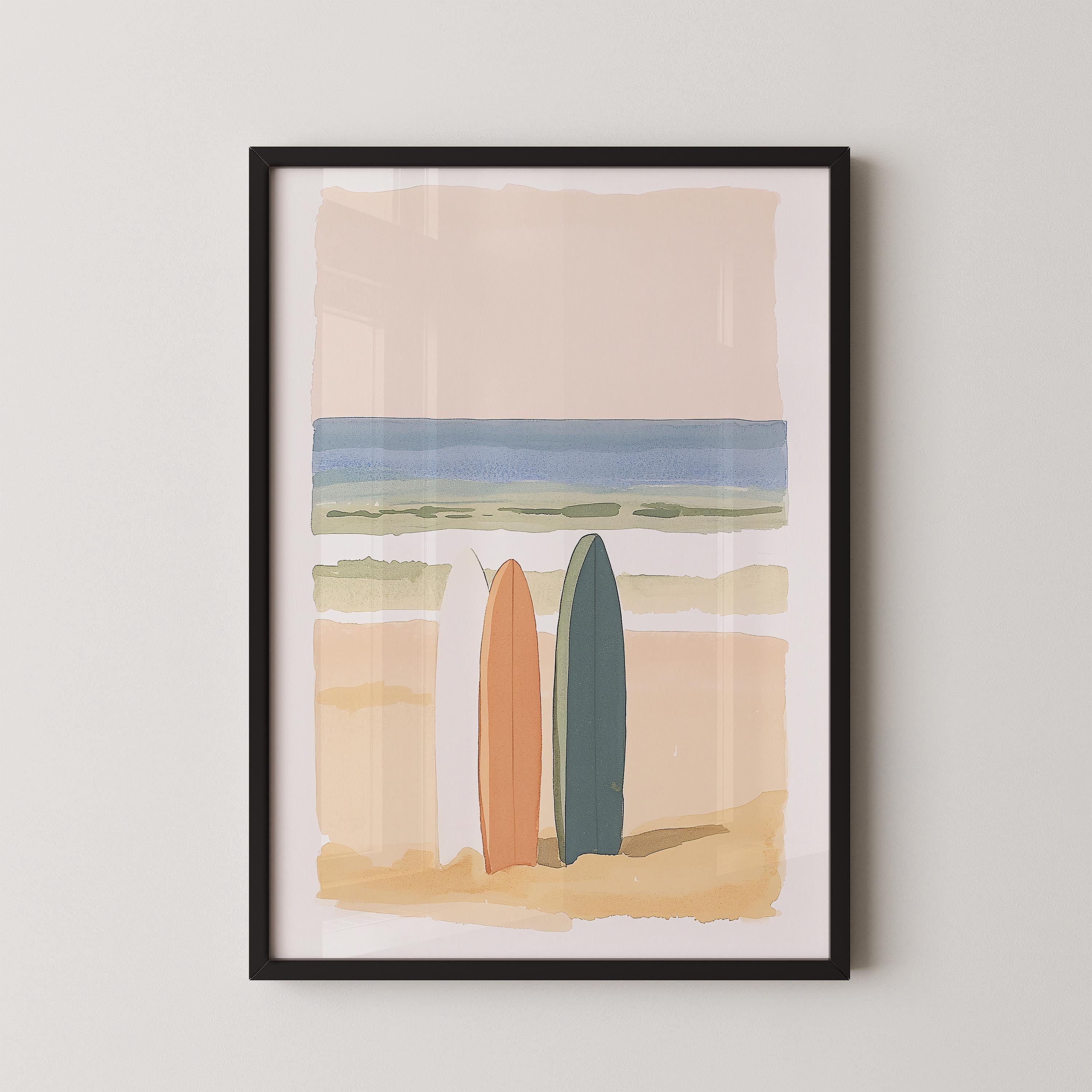 The image is a framed painting depicting two surfboards standing on a beach, with a serene ocean scene in the background.