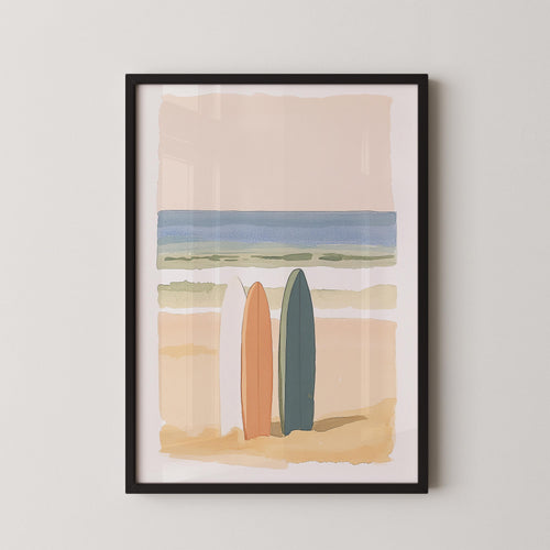 The image is a framed painting depicting two surfboards standing on a beach, with a serene ocean scene in the background.