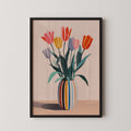 A framed painting depicting a vase filled with colorful tulips against a light background.