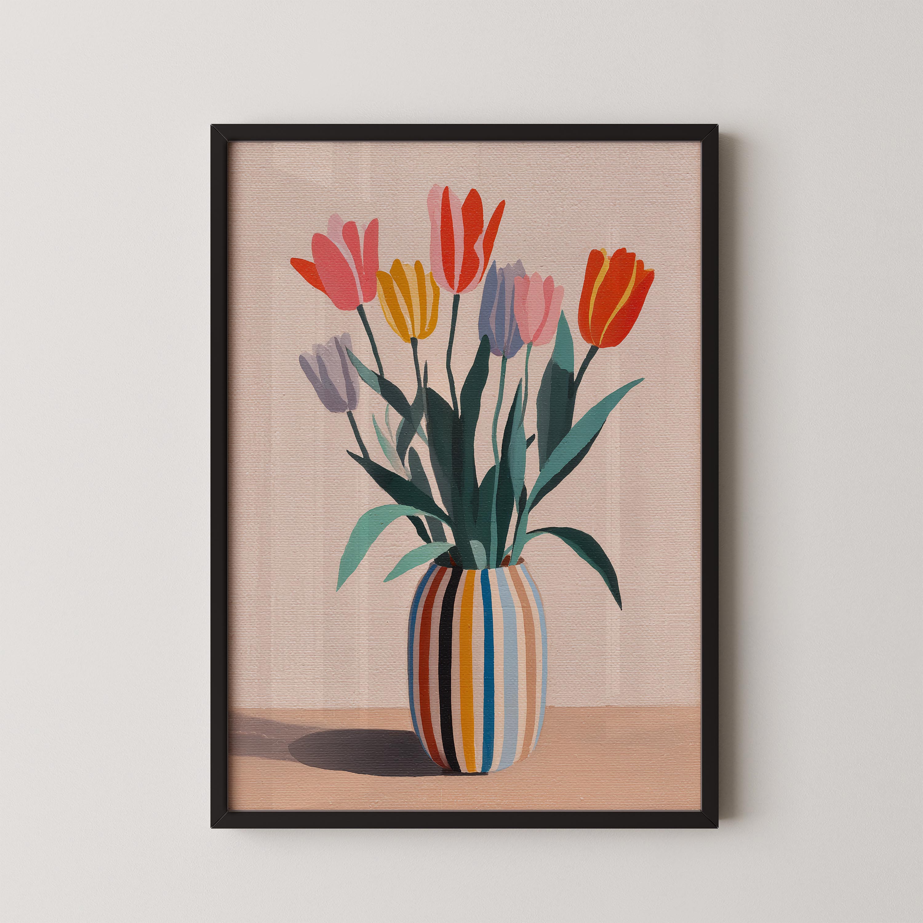 A framed painting depicting a vase filled with colorful tulips against a light background.