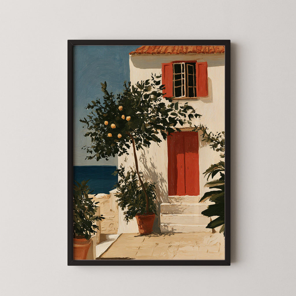 a white building with a red door and window, surrounded by lush greenery and a blue sky.