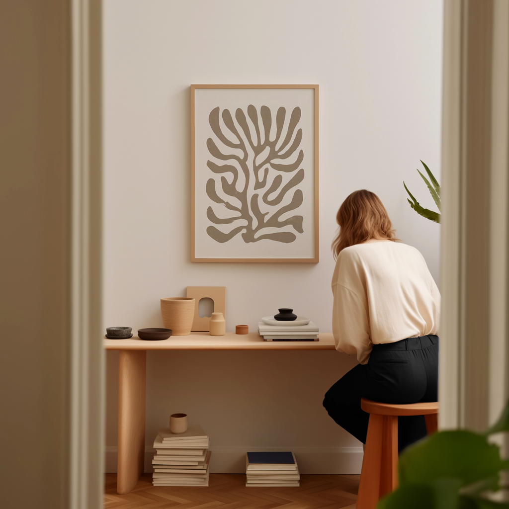 A woman is sitting at a wooden desk, surrounded by various objects, including a plant, books, and a framed abstract art piece on the wall.