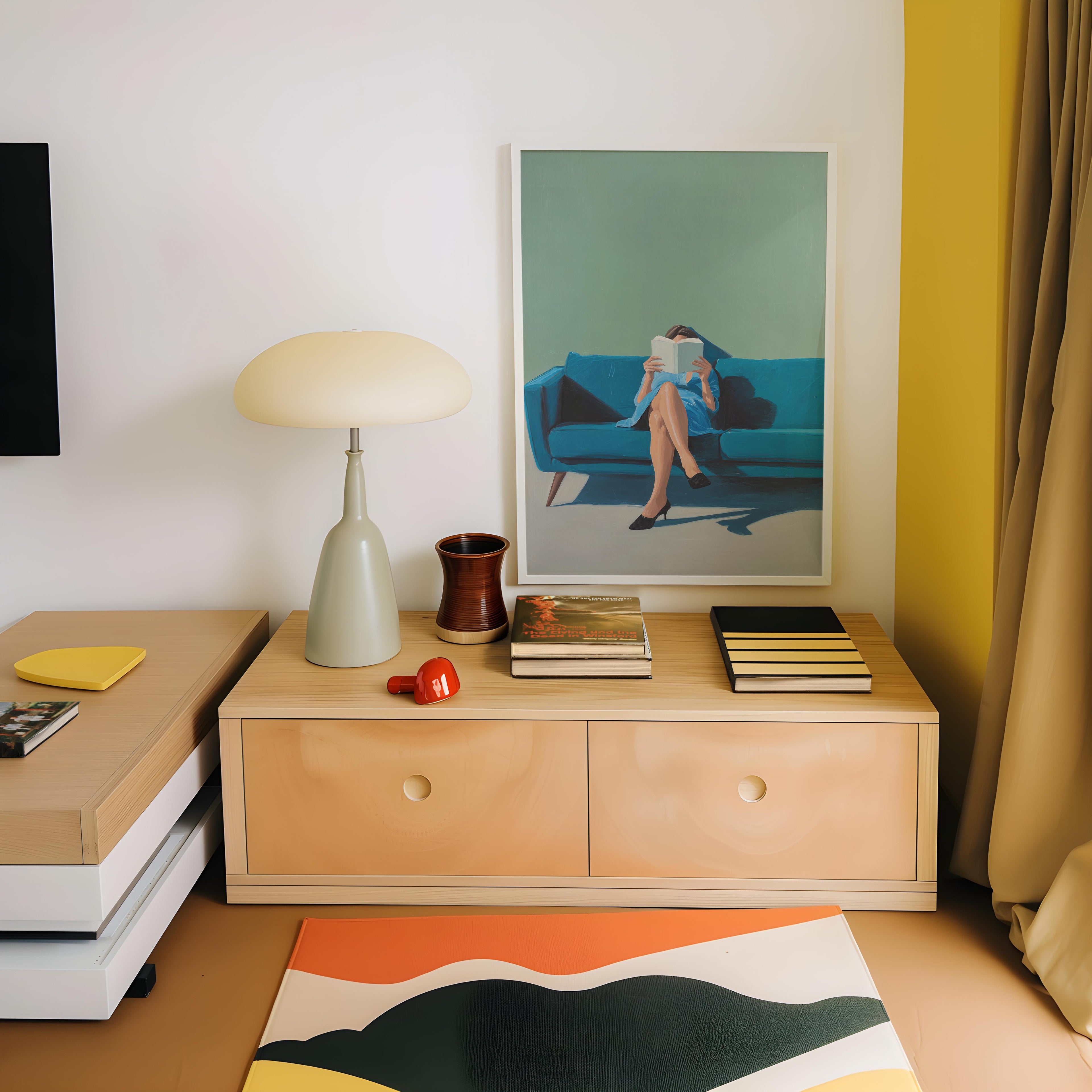 a cozy corner of a room with a wooden dresser, a lamp, a framed painting of a woman sitting on a blue couch, and a stack of books.