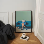 a cozy scene with a woman sitting on a blue couch, reading a book, and a cup of coffee placed on a small table in front of her.