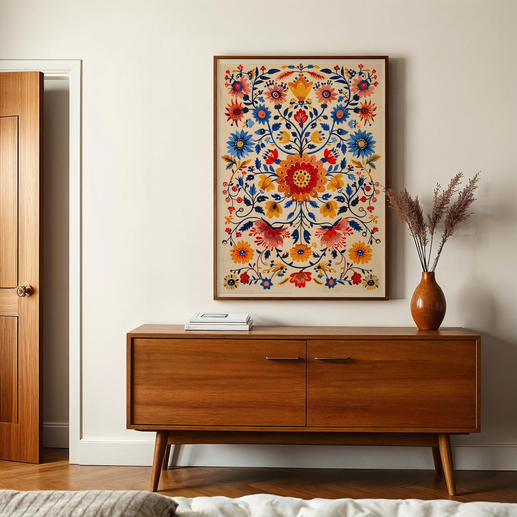 a wooden cabinet with two drawers, a framed colorful floral print hanging on the wall above it, and a vase with dried flowers on the cabinet.