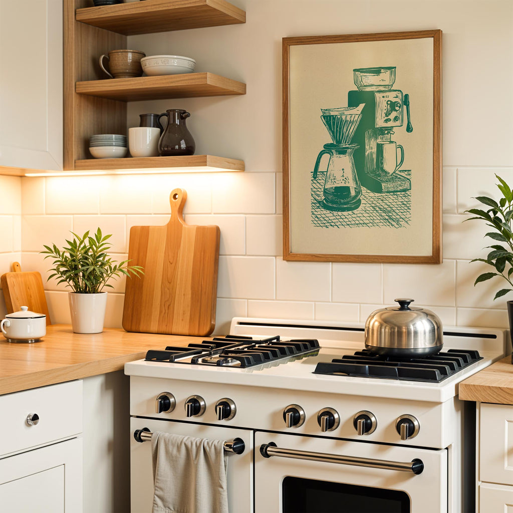 a cozy kitchen scene with a white gas range, wooden cutting board, and various kitchen accessories such as a coffee maker and a plant.