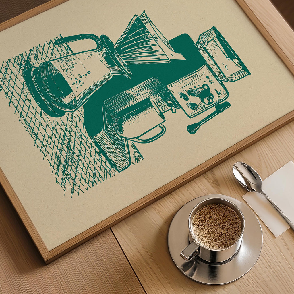 a framed illustration of a coffee-making setup, including a coffee maker, a cup, and a spoon, placed on a wooden table next to a cup of coffee.