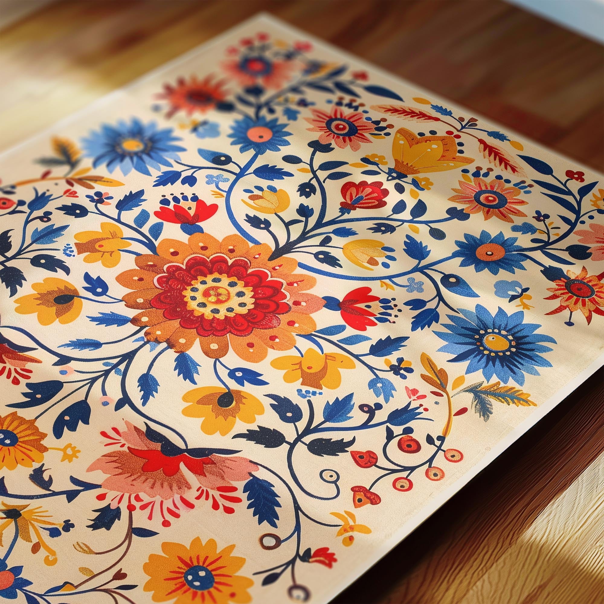 a vibrant and intricate floral pattern with a variety of colorful flowers and leaves.