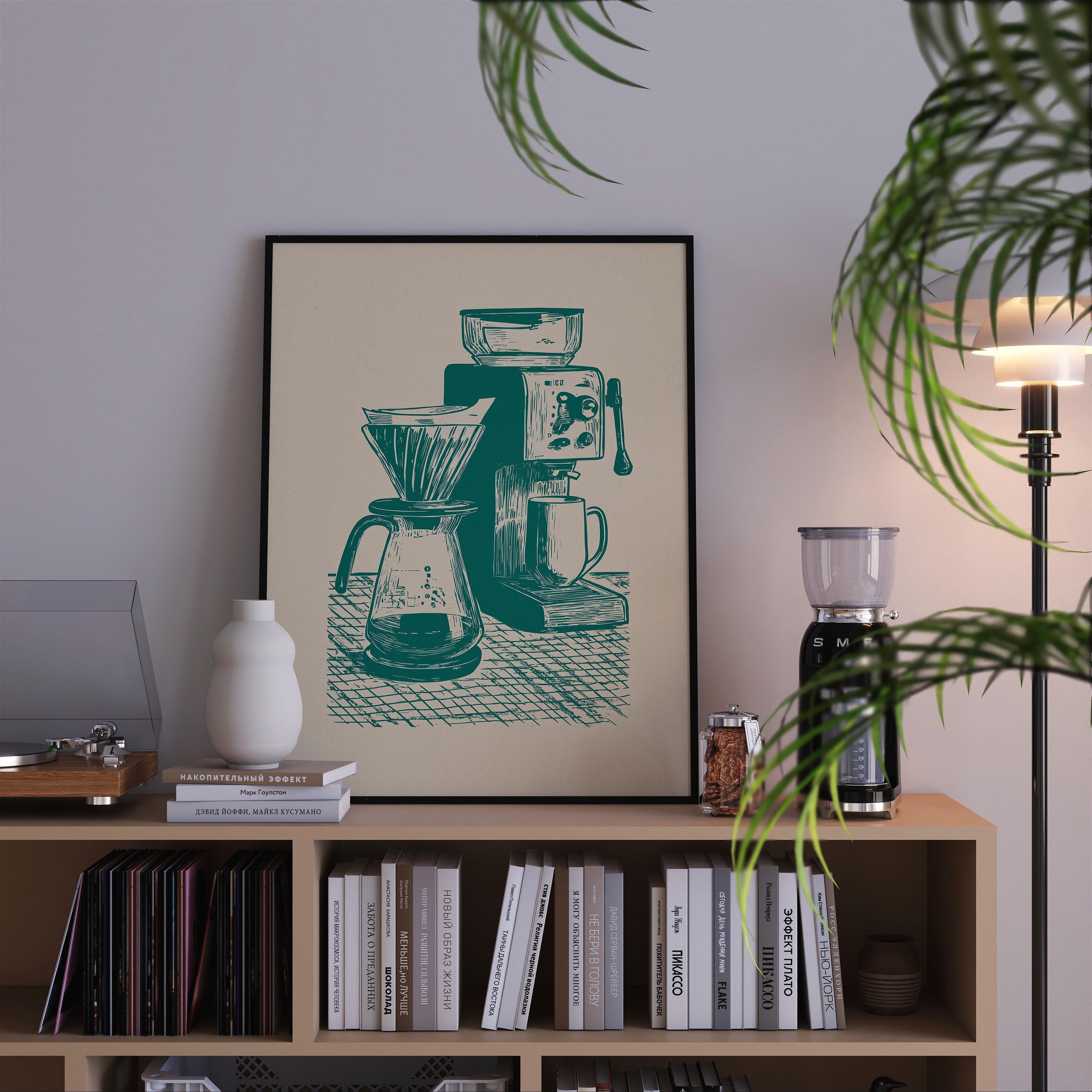 a framed illustration of a coffee maker on a bookshelf, surrounded by various books and decorative items.
