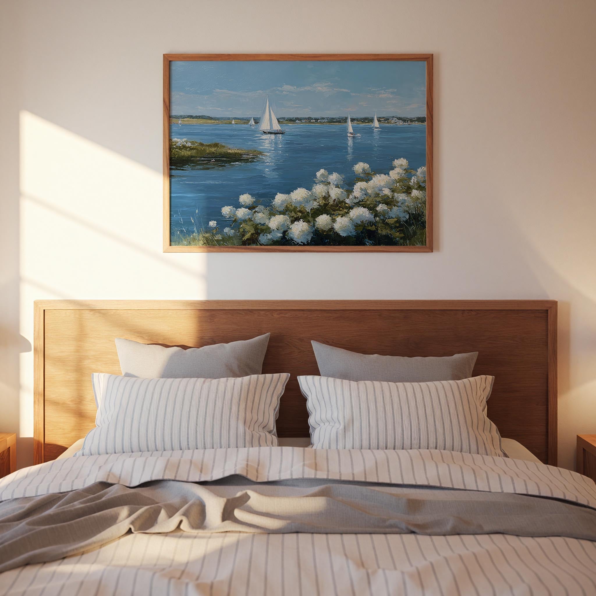a bedroom with a wooden headboard and a painting of a seascape hanging above it. The painting depicts a serene scene of sailboats on the water, surrounded by white flowers. The room has a cozy and inviting atmosphere, with the wooden headboard and striped bedding adding to the overall aesthetic.