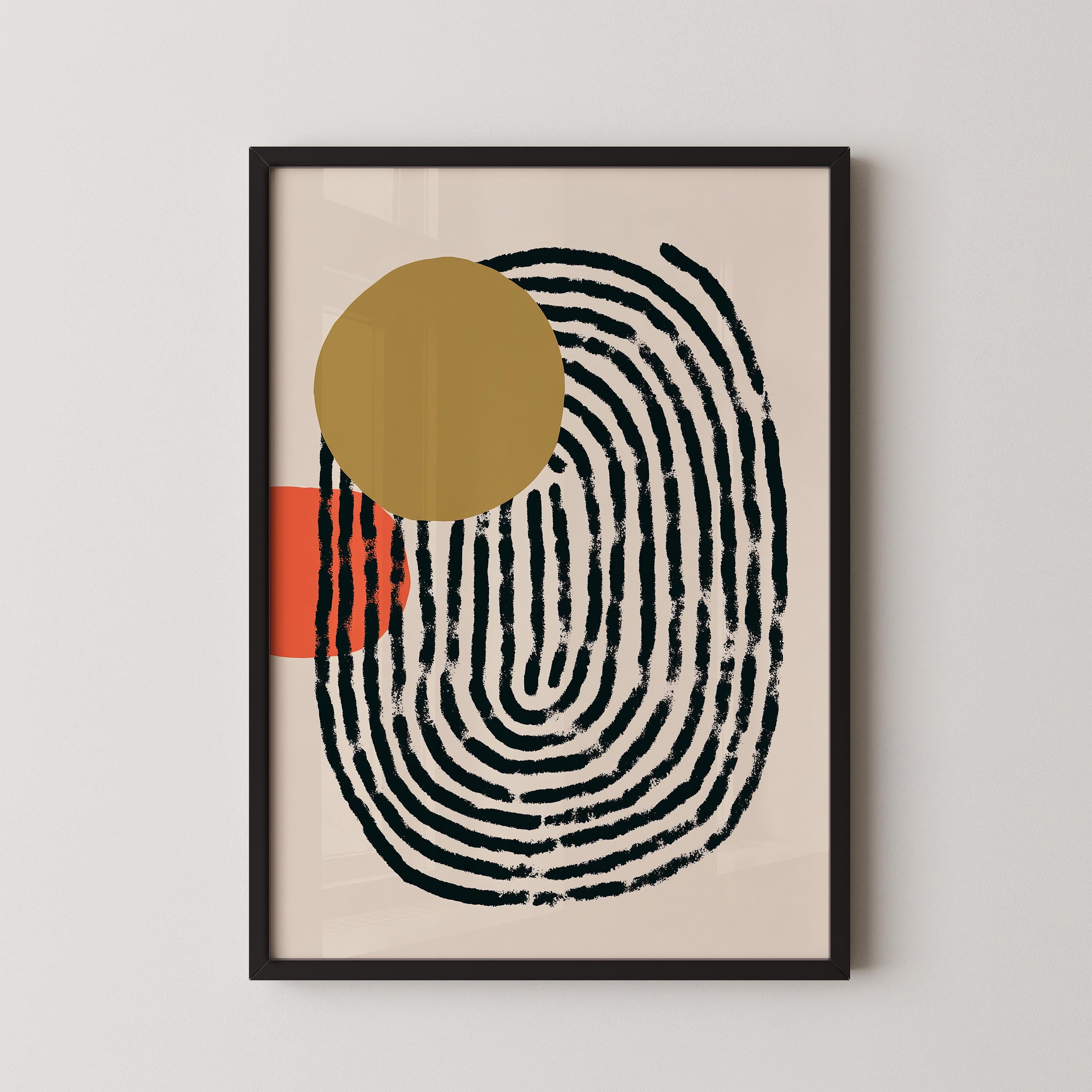 The image is a framed abstract art piece featuring a large black and white spiral design with a gold circle on the left side.