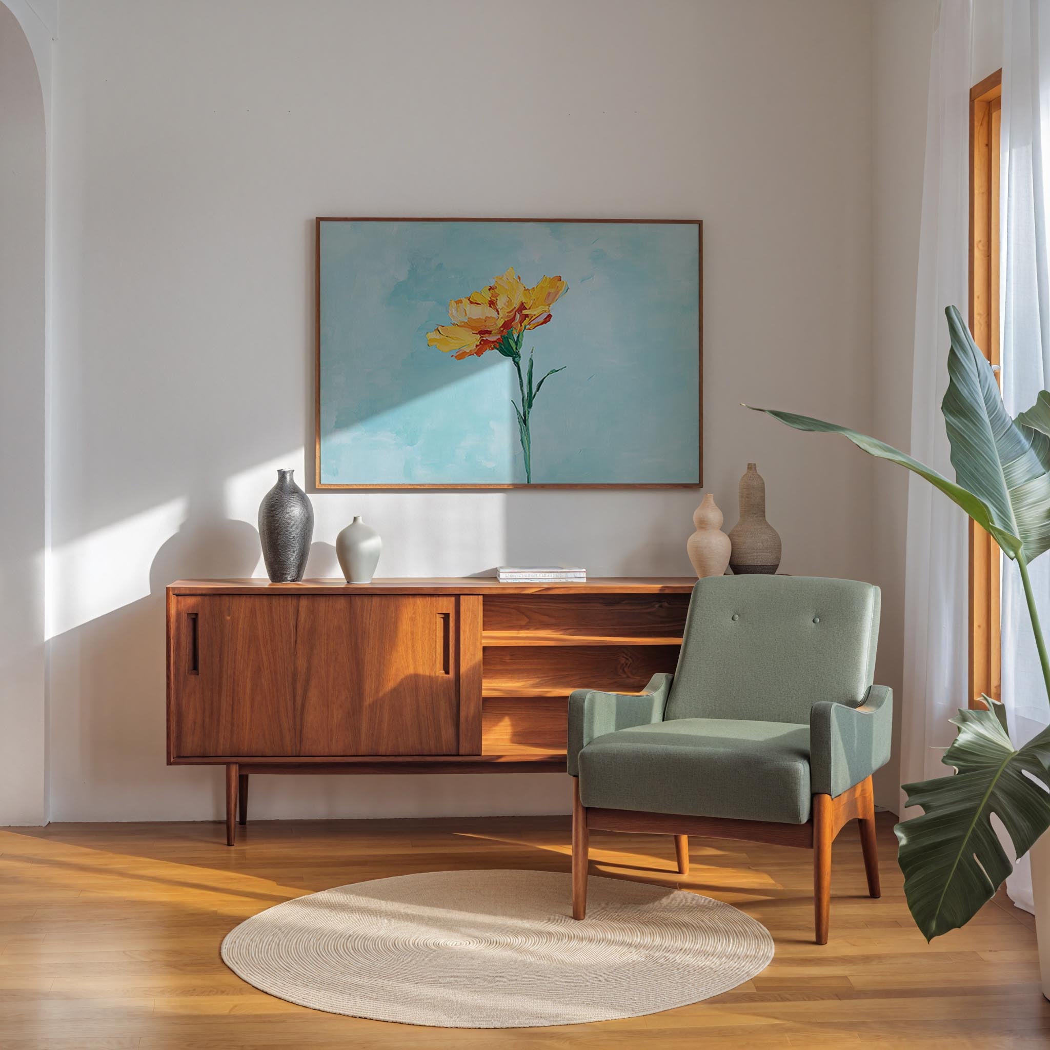 a cozy living room with a wooden sideboard, a green armchair, and a large painting of a yellow flower on the wall.