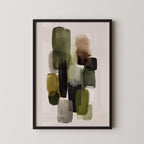 The image is a framed abstract art piece featuring a variety of shapes and colors, including shades of green, brown, and gray.