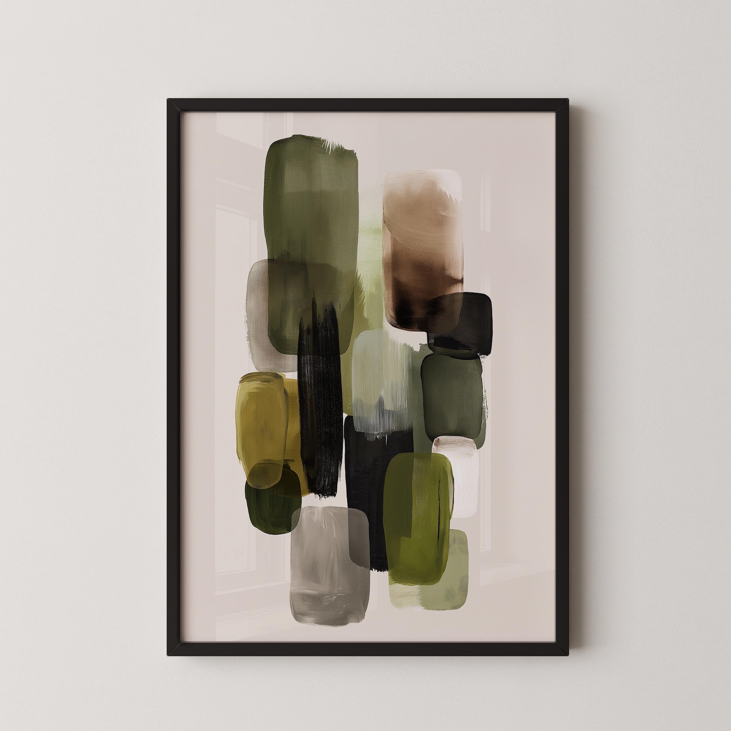 The image is a framed abstract art piece featuring a variety of shapes and colors, including shades of green, brown, and gray.