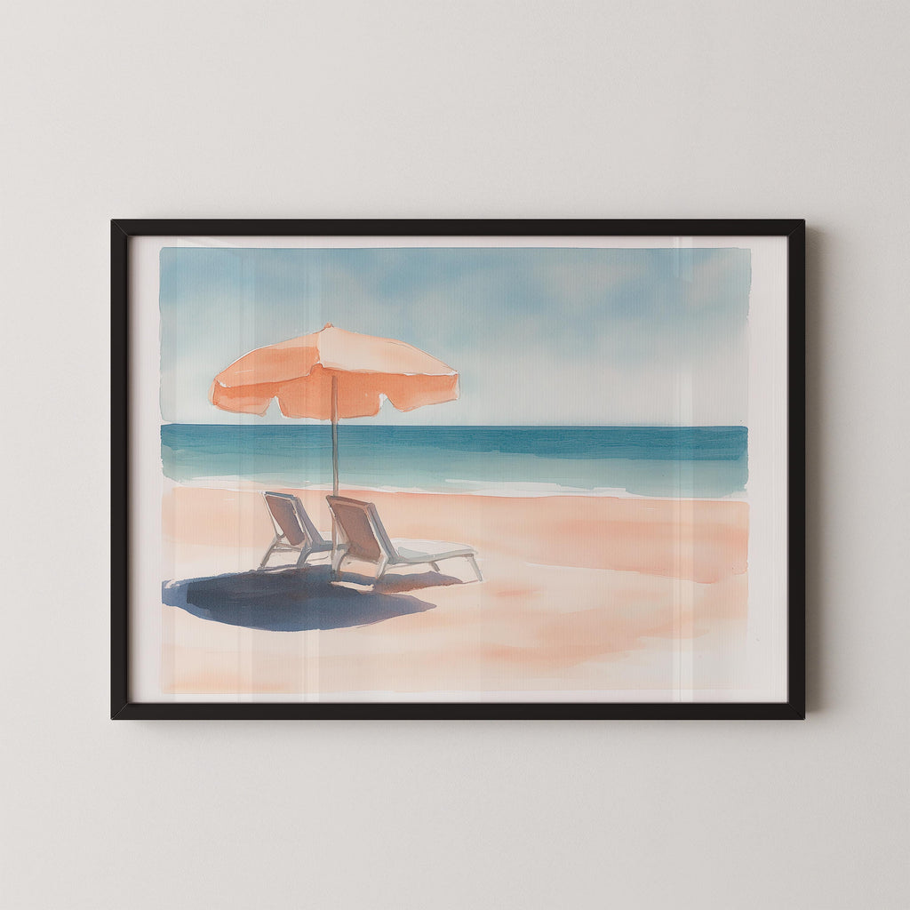 A framed watercolor painting depicting a serene beach scene with two lounge chairs under an orange umbrella, overlooking the ocean.