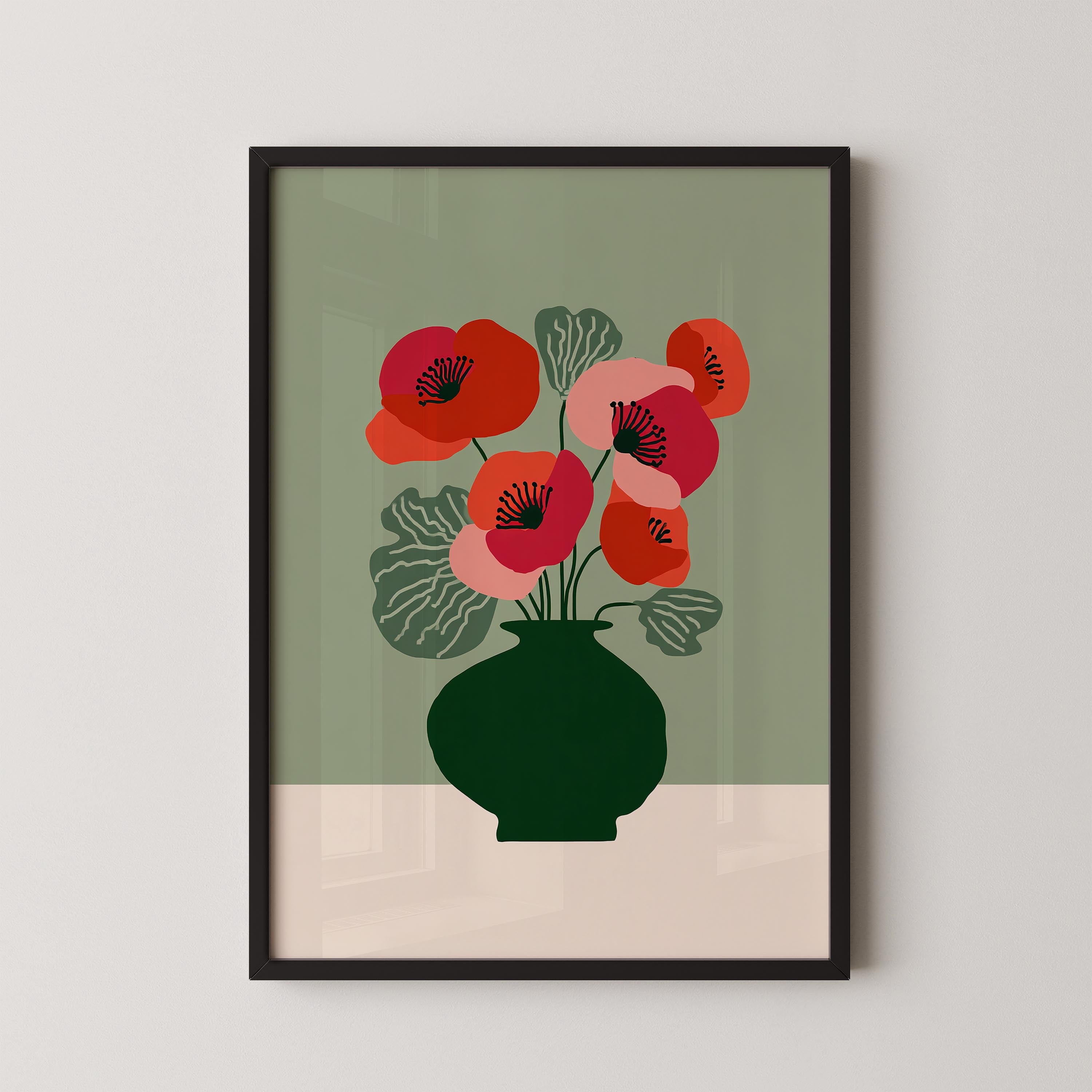 A framed illustration of a green vase containing red and pink flowers against a green background.