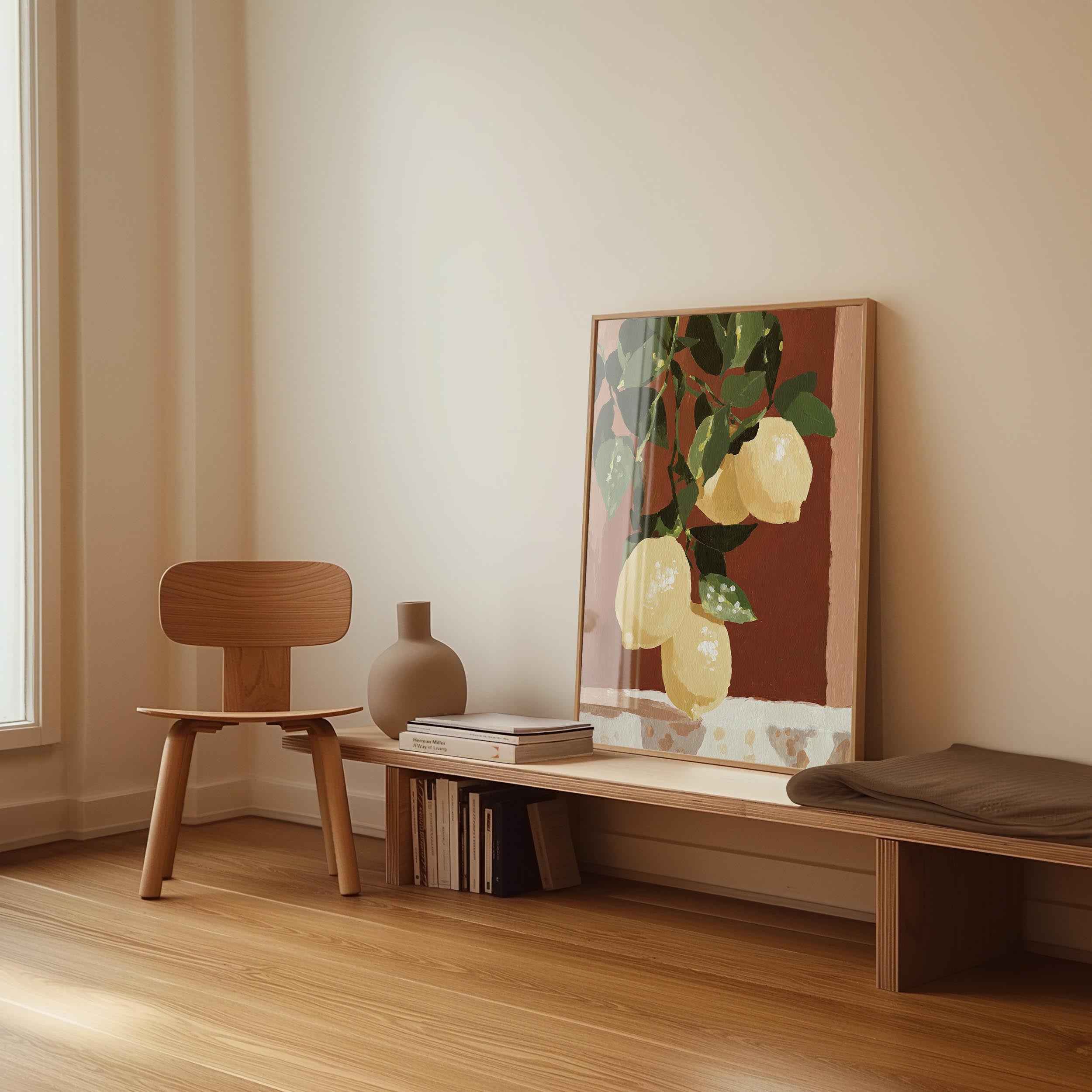 a wooden chair, a wooden bench, a vase, and a framed painting of lemons on a wall.
