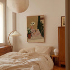 a cozy bedroom with a bed, a lamp, and a painting on the wall.