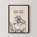The image is a framed illustration depicting a table set for two with wine glasses, flowers, and a vase.