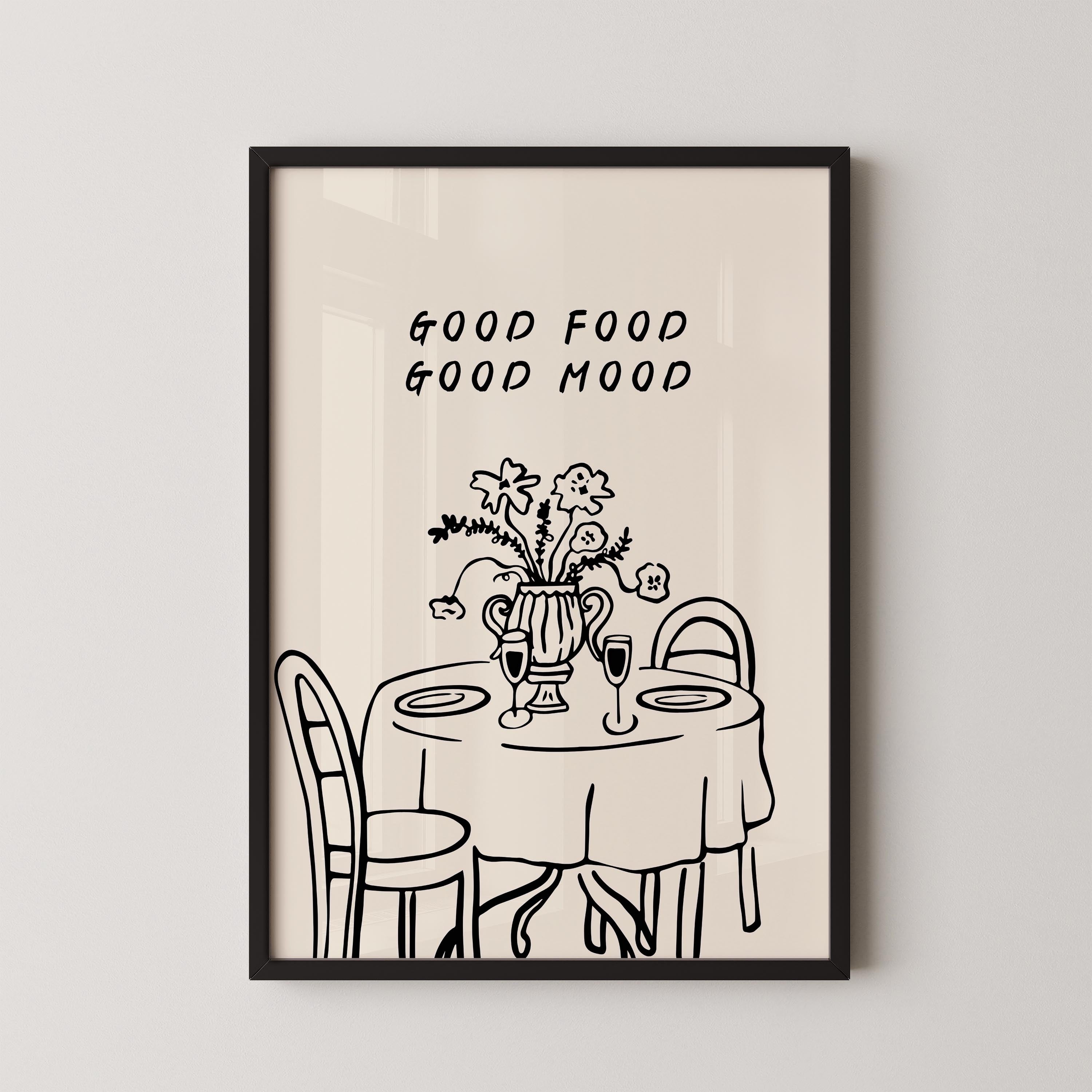 The image is a framed illustration depicting a table set for two with wine glasses, flowers, and a vase.