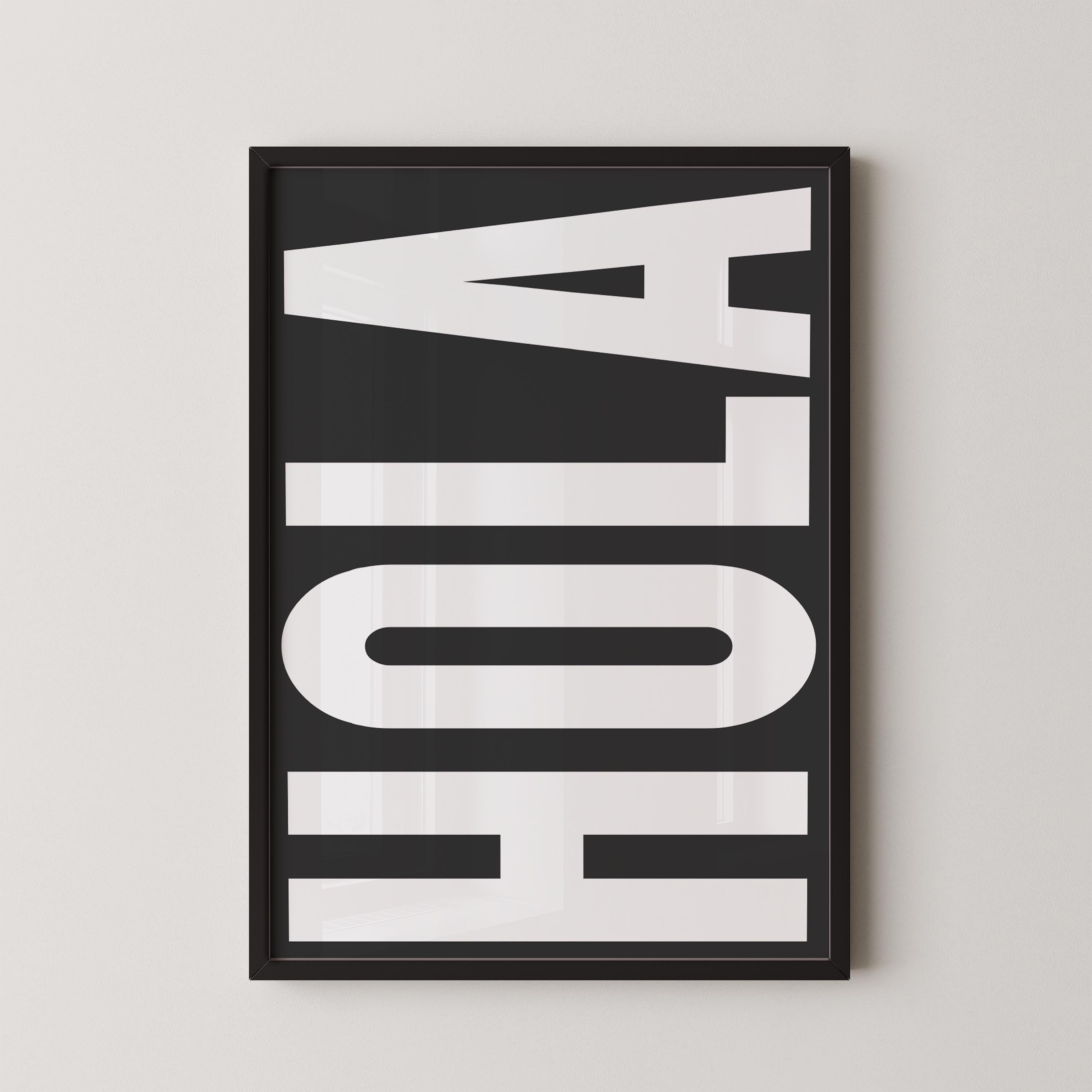 a large, bold, and white text that reads "HOLA" in a black frame.
