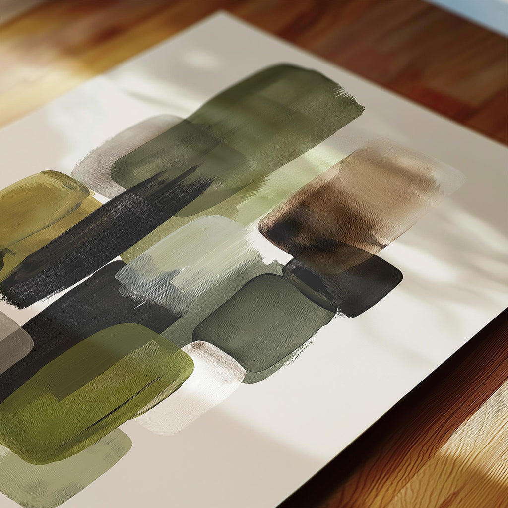 The image is an abstract painting with various shades of green and brown brushstrokes, creating a visually interesting composition.