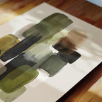 The image is an abstract painting with various shades of green and brown brushstrokes, creating a visually interesting composition.