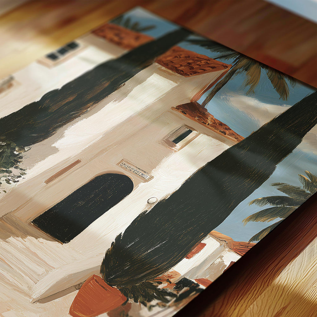The image is a painting of a building with a palm tree in the foreground, depicting a coastal or tropical setting.