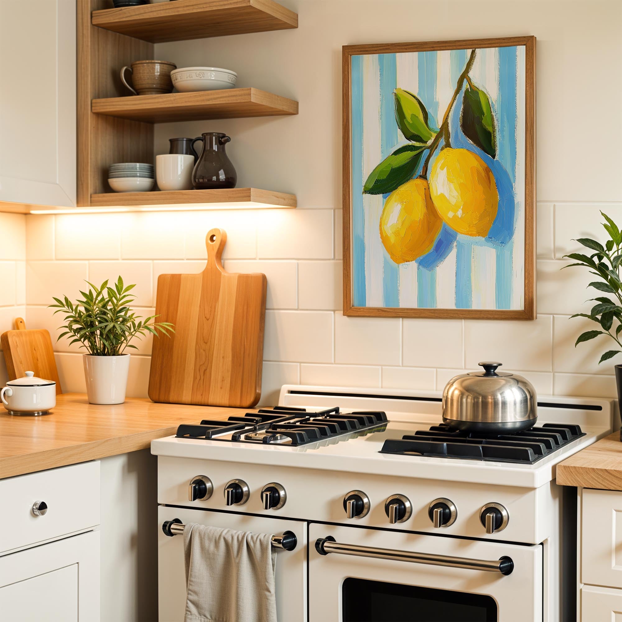 A cozy kitchen scene with a white stove, wooden cutting board, and a framed painting of lemons on the wall.