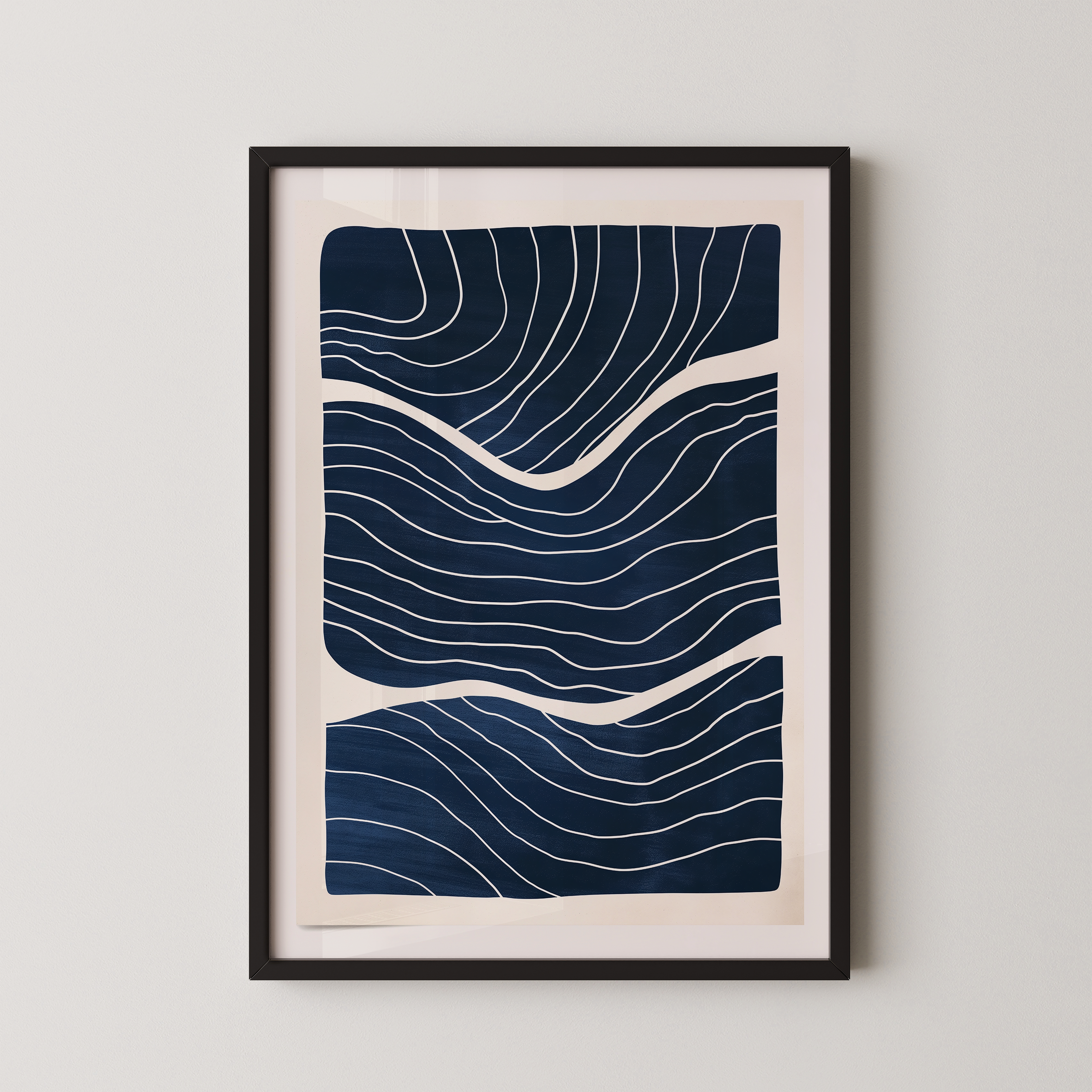 The image is a framed artwork featuring a striking abstract design with wavy lines in shades of blue and white.