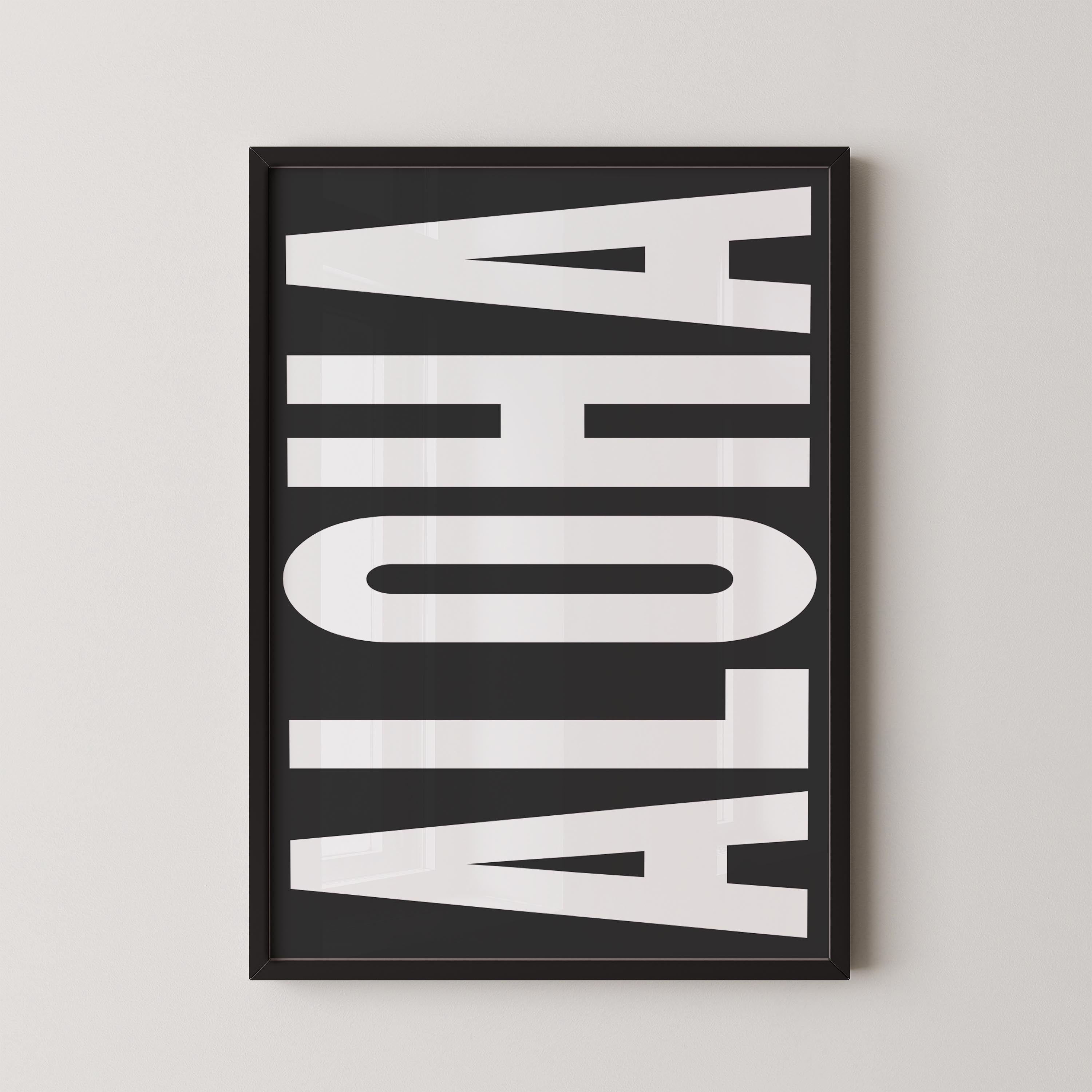 a framed poster with the word "ALOHA" prominently displayed in large white letters.