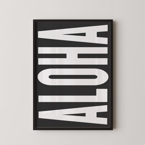 a framed poster with the word "ALOHA" prominently displayed in large white letters.