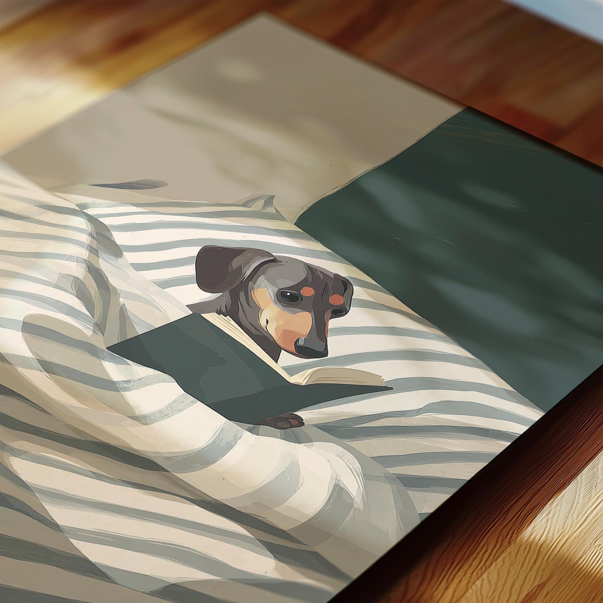 A dachshund dog is lying on a bed, holding a book in its paws and appearing to read.