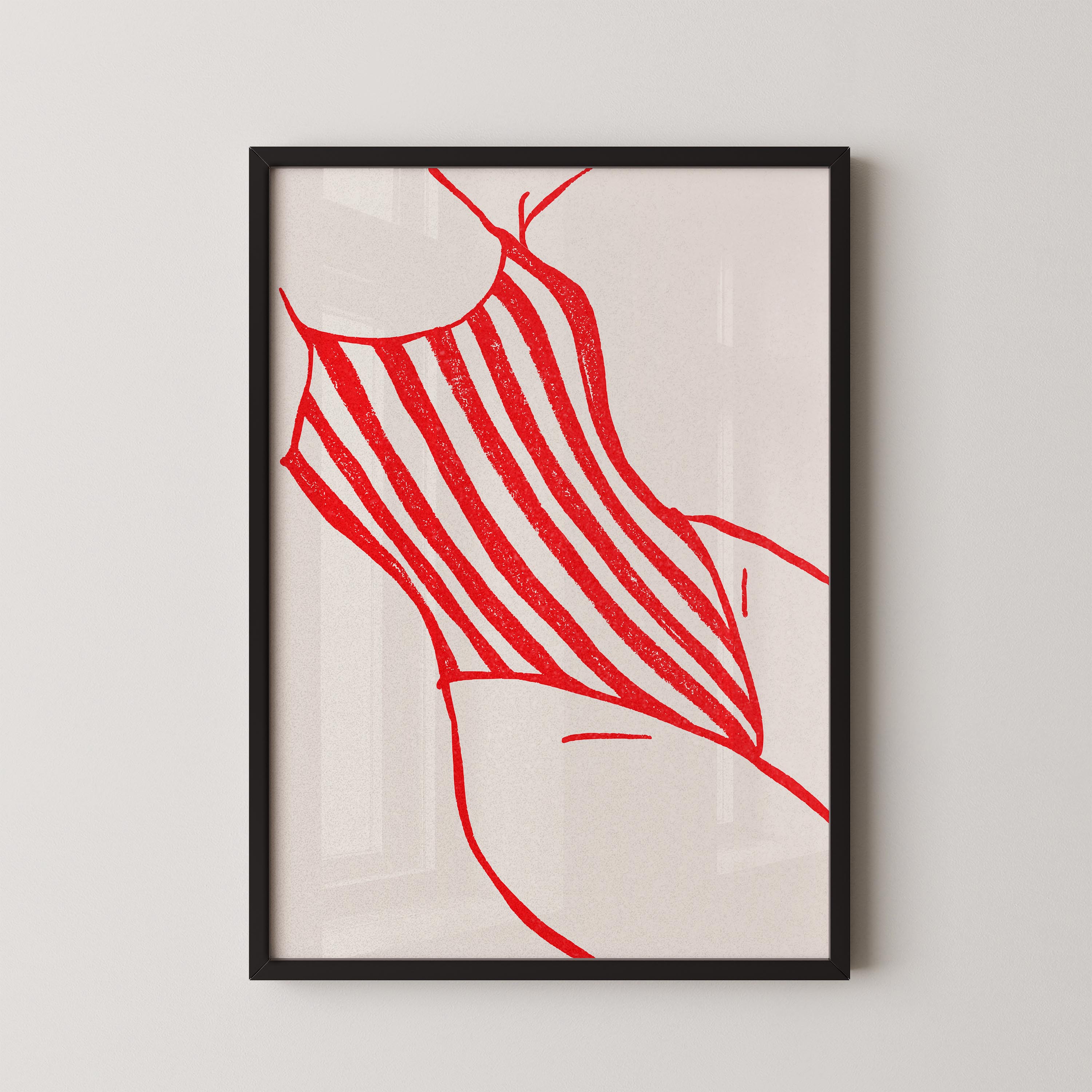 A framed illustration of a red and white striped swimsuit.