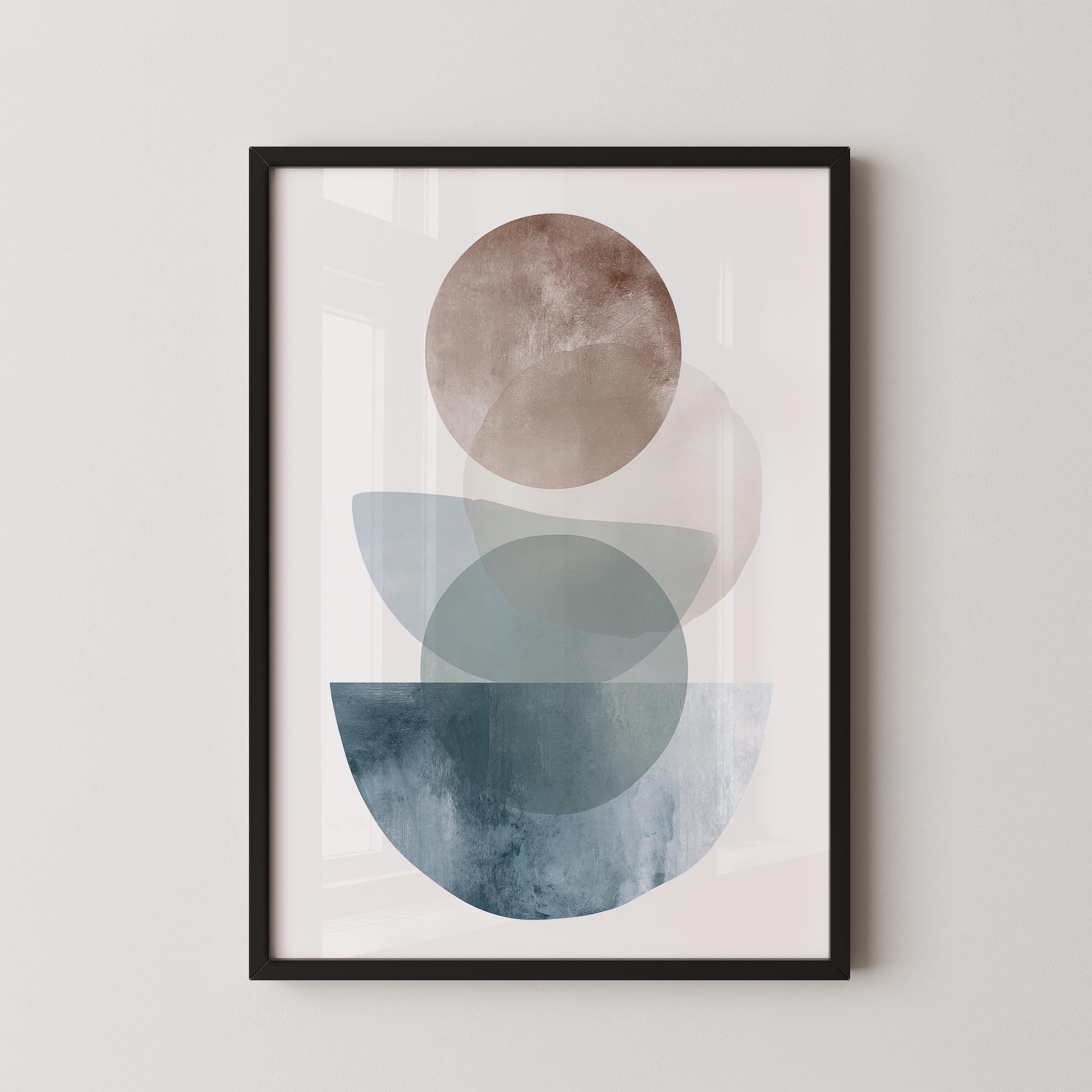 The image is a framed abstract art piece featuring a series of overlapping circles in various shades of blue and brown.