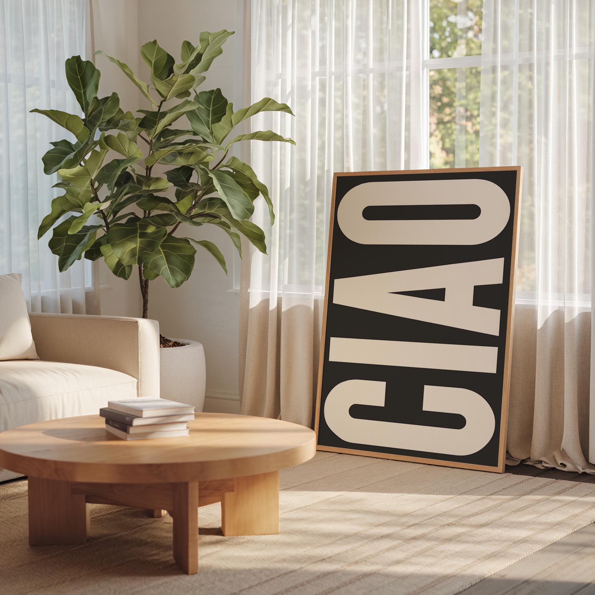 a living room with a large potted plant, a wooden coffee table, and a framed poster with the word "Ciao" on it.