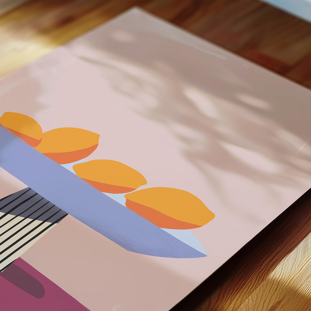 a close-up view of a piece of art that depicts a still life scene with three oranges arranged on a blue surface.