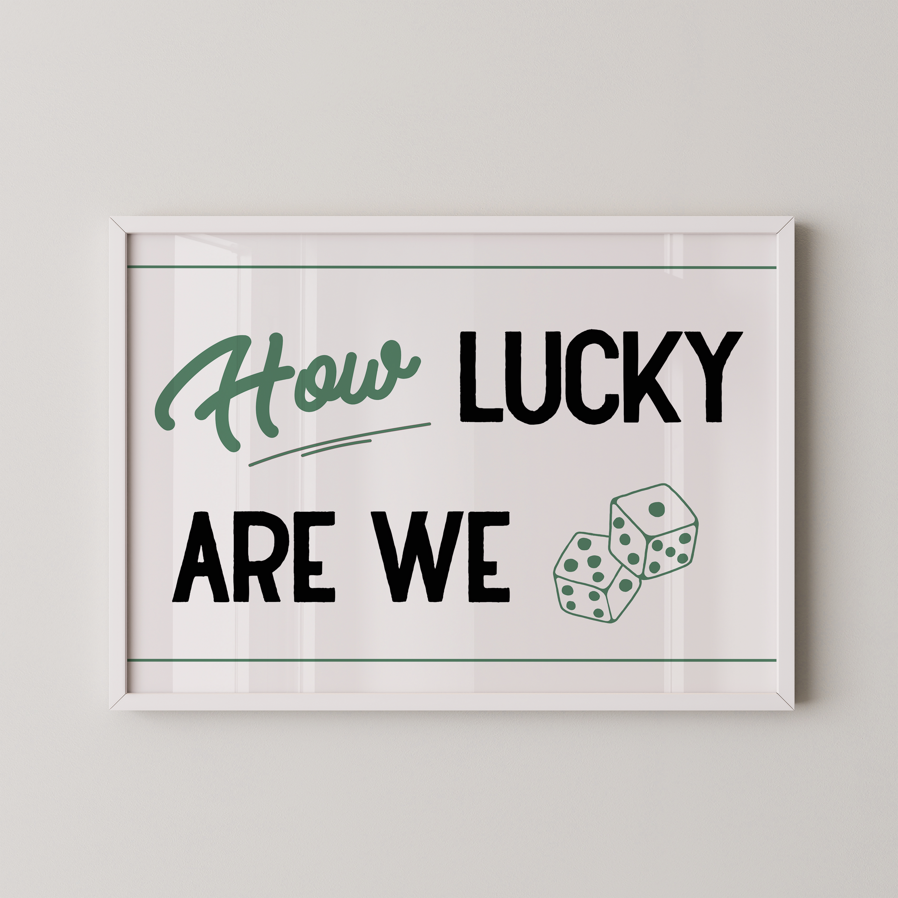 A framed poster with the text "How LUCKY ARE WE" and two dice graphics.
