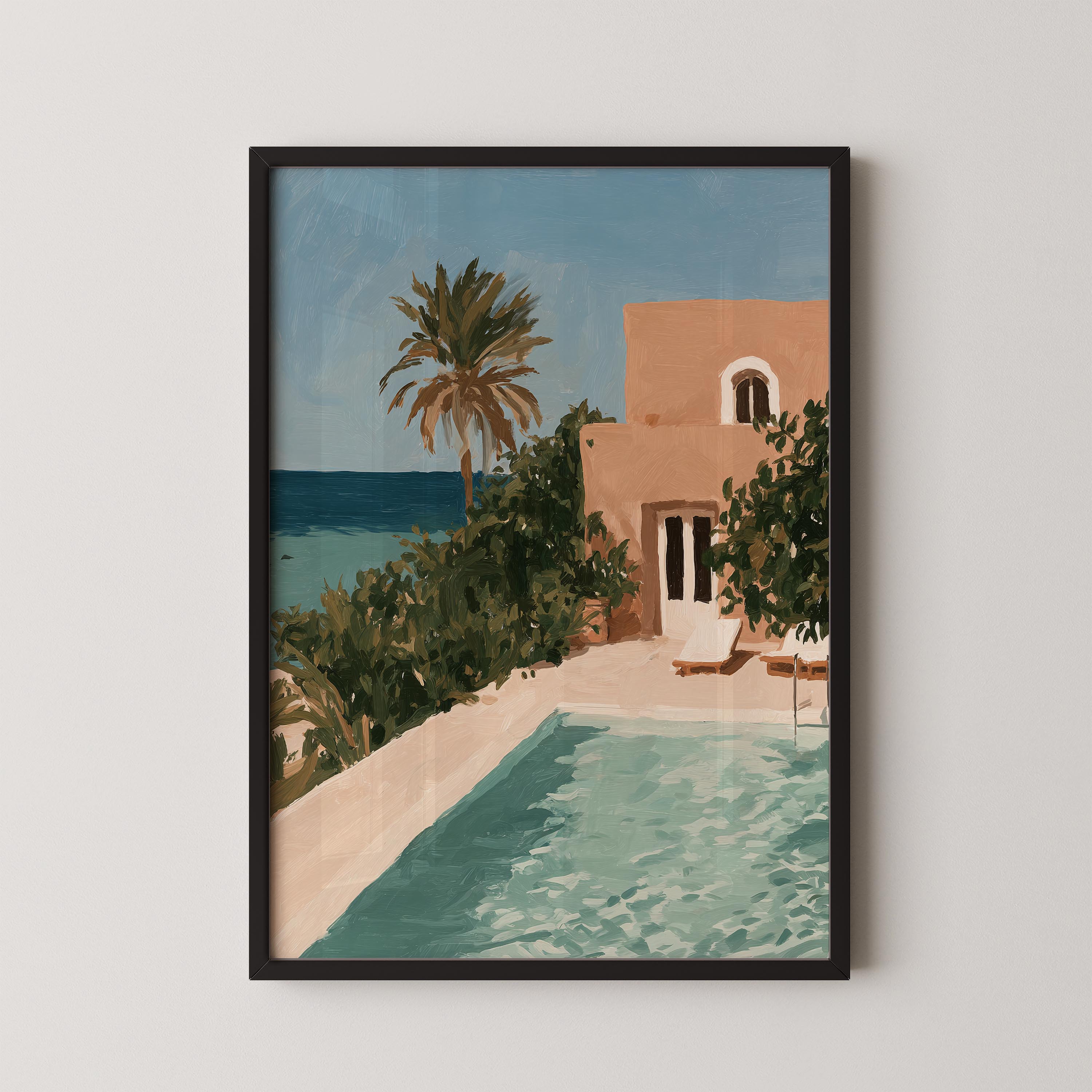 a serene tropical scene with a swimming pool, palm trees, and a building with a balcony overlooking the ocean.