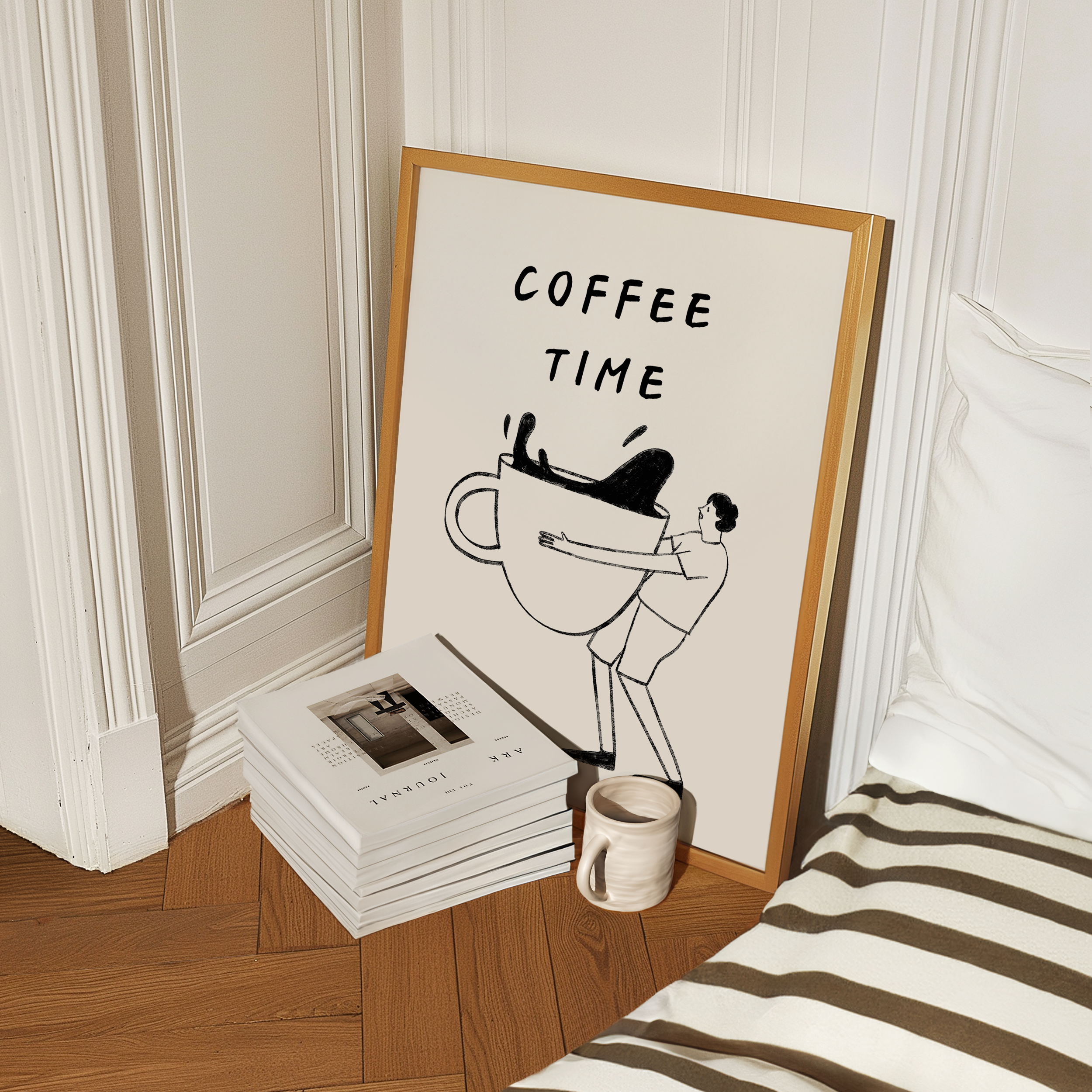 a framed poster with the text "COFFEE TIME" and an illustration of a person holding a large coffee cup. Next to the poster, there is a stack of books and a coffee mug on a wooden floor.