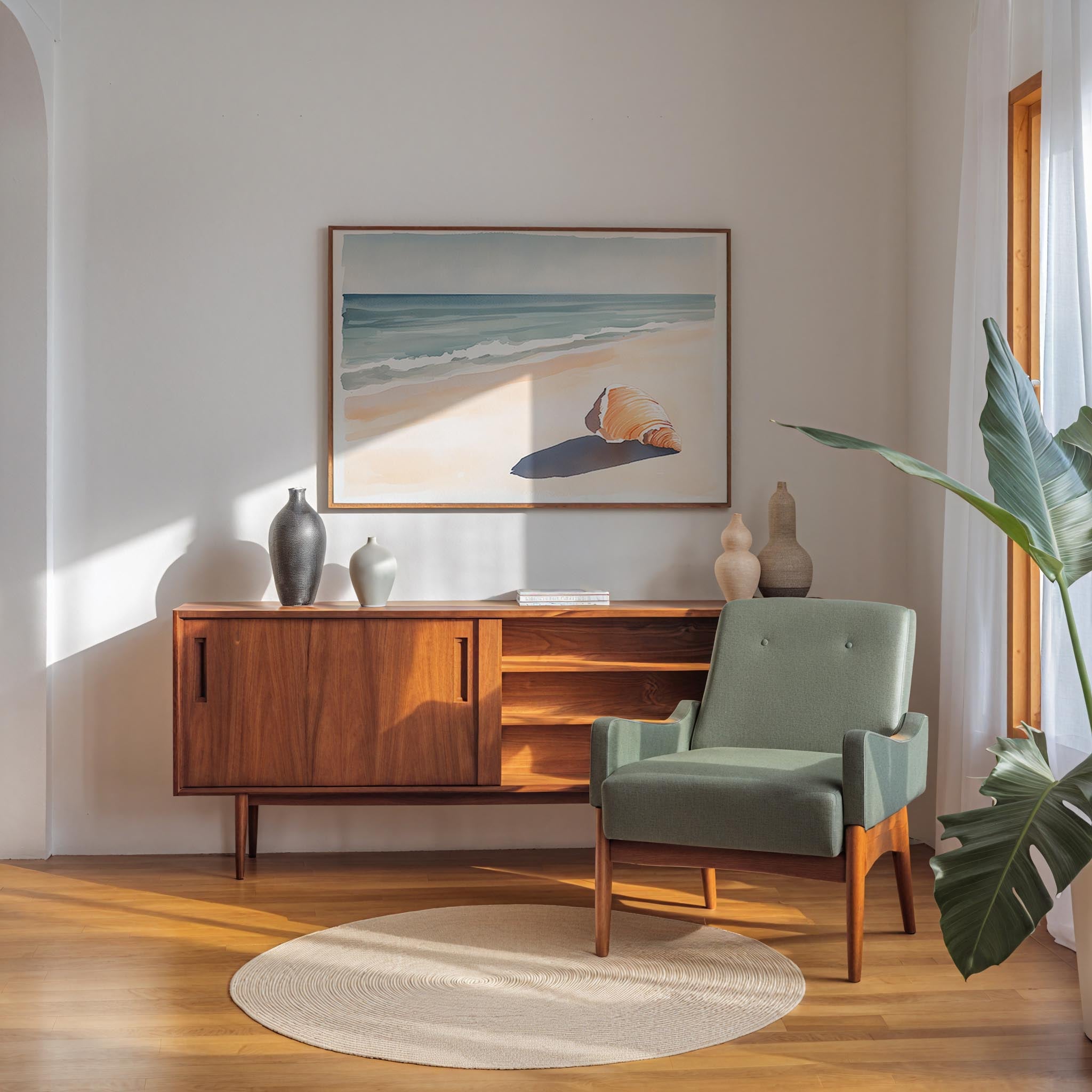 a cozy living room with a wooden sideboard, a green armchair, and a framed beach scene on the wall.
