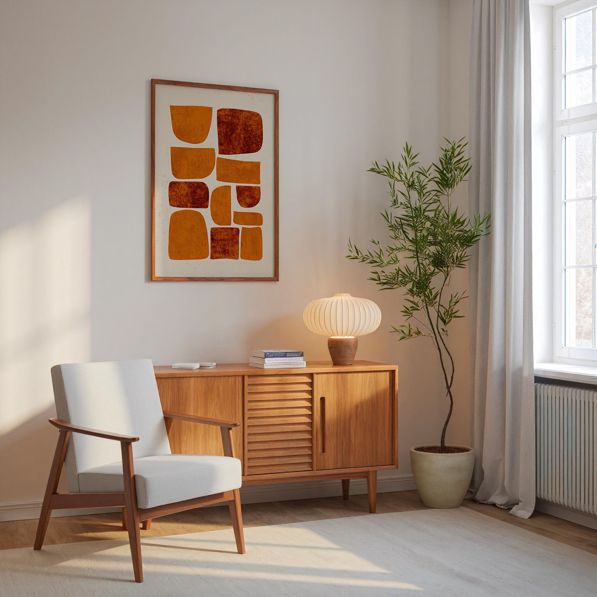 a cozy living room with a white armchair, a wooden sideboard, and a potted plant. The room has a minimalist and modern design, with a large abstract painting on the wall and a window providing natural light.