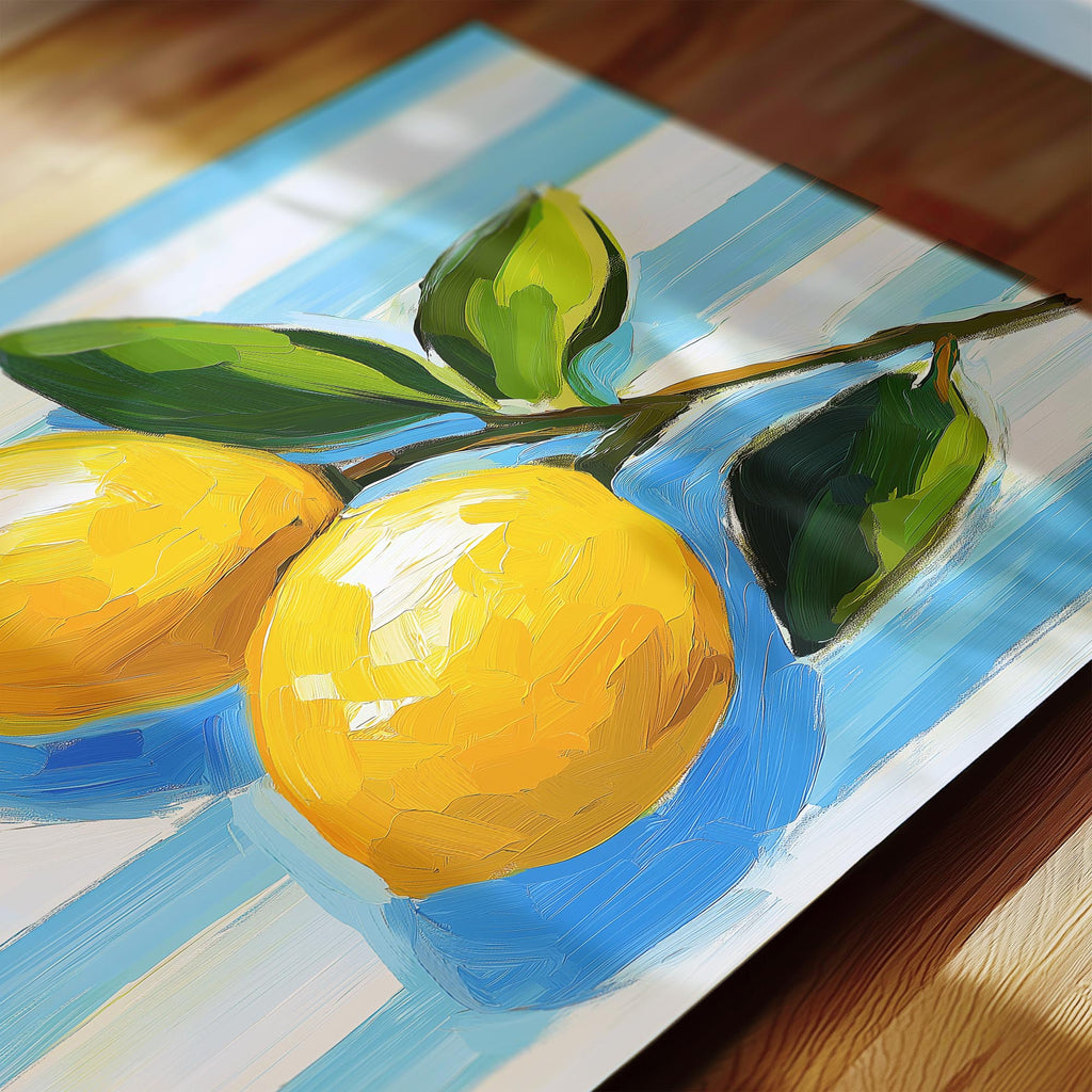 A painting of three lemons on a blue and white striped background.