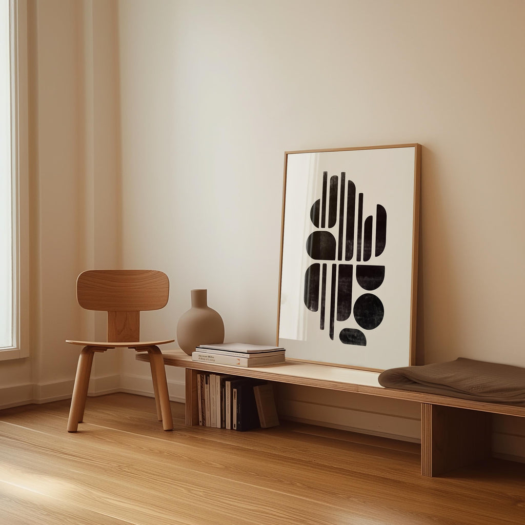 a minimalist interior design with a wooden chair, a wooden bench, a framed abstract artwork, and a stack of books on a shelf.