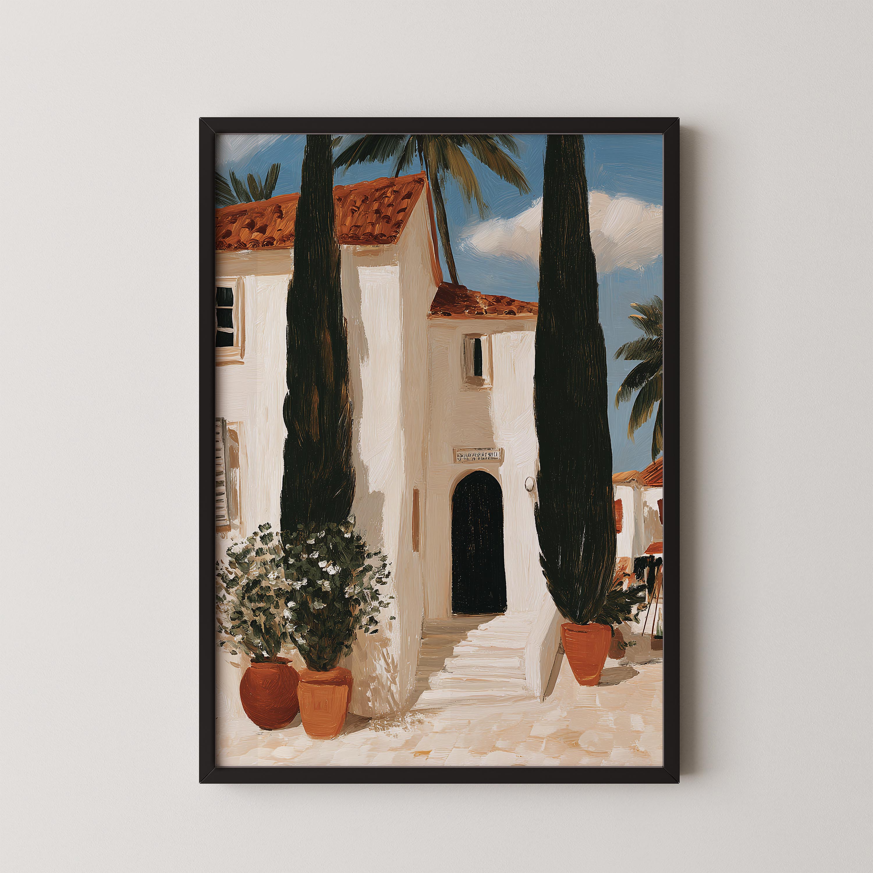 The image is a framed painting depicting a white building with a red roof, surrounded by tall trees and potted plants, set against a clear blue sky.