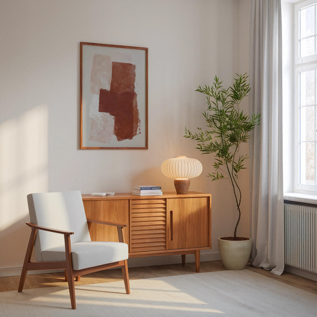 a cozy corner of a room with a white armchair, a wooden sideboard, a lamp, and a potted plant. The room has a minimalist and modern design, with a large window allowing natural light to fill the space.