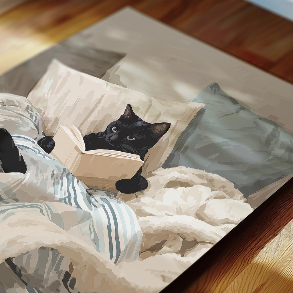 A black cat is lying on a bed, reading a book.